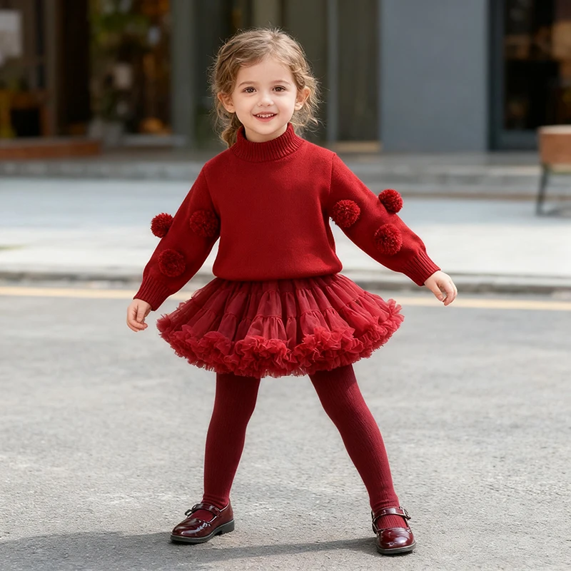 2026 New Spring 2-6Yrs Children Clothes Set Christmas Baby Girl Knitted Clothes Suit Long Sleeved Knitted Pullover+Short Skirt