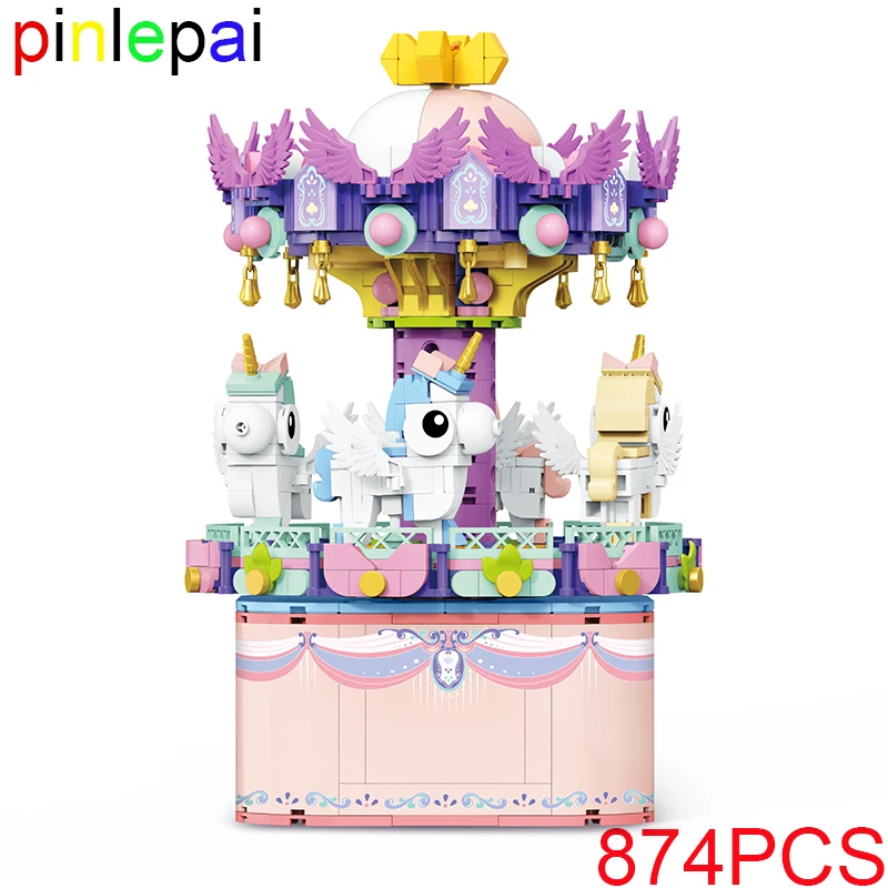 

Pinlepai Building Block Carousel Blocks Brick Set City Bricks Amusement Park Street View Merry Go Around Toys For Children