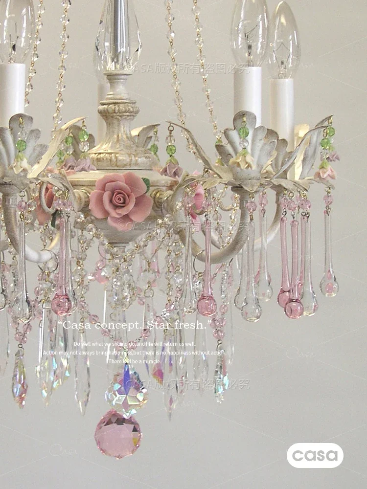 

French style living room rose crystal chandelier modern light luxury style bedroom children's room flower lighting fixture