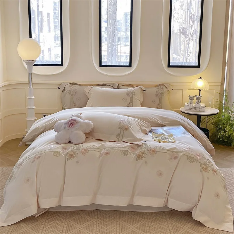 Chic Flowers Embroidery Luxury Bedding Set 100% Cotton Brushed Duvet Cover Flat/Fitted Bed Sheet Pillowcases 4Pcs