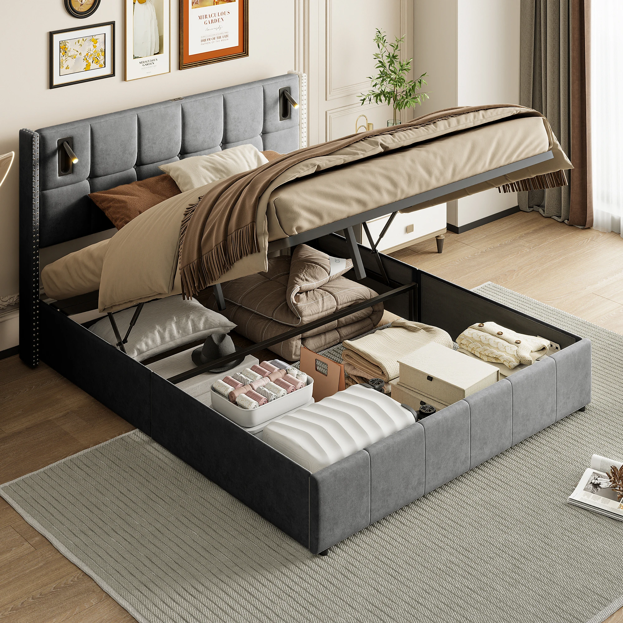 Doppelbett 160 x 200 cm, gepolstertes Bett mit USB- und Leselampen, Bettbox, Stauraumbetten,