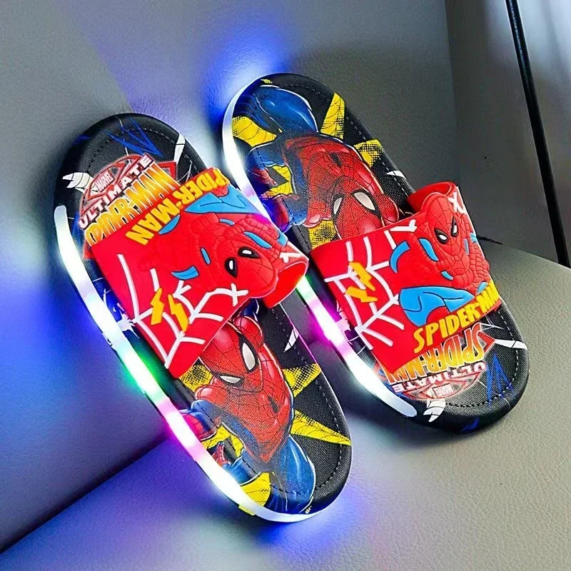 Summer Children LED Light Slippers Baby Boy Girl Cartoon Spiderman Print Kids Indoor Non-slip Soft Infant Beach Shoes Size 24-35