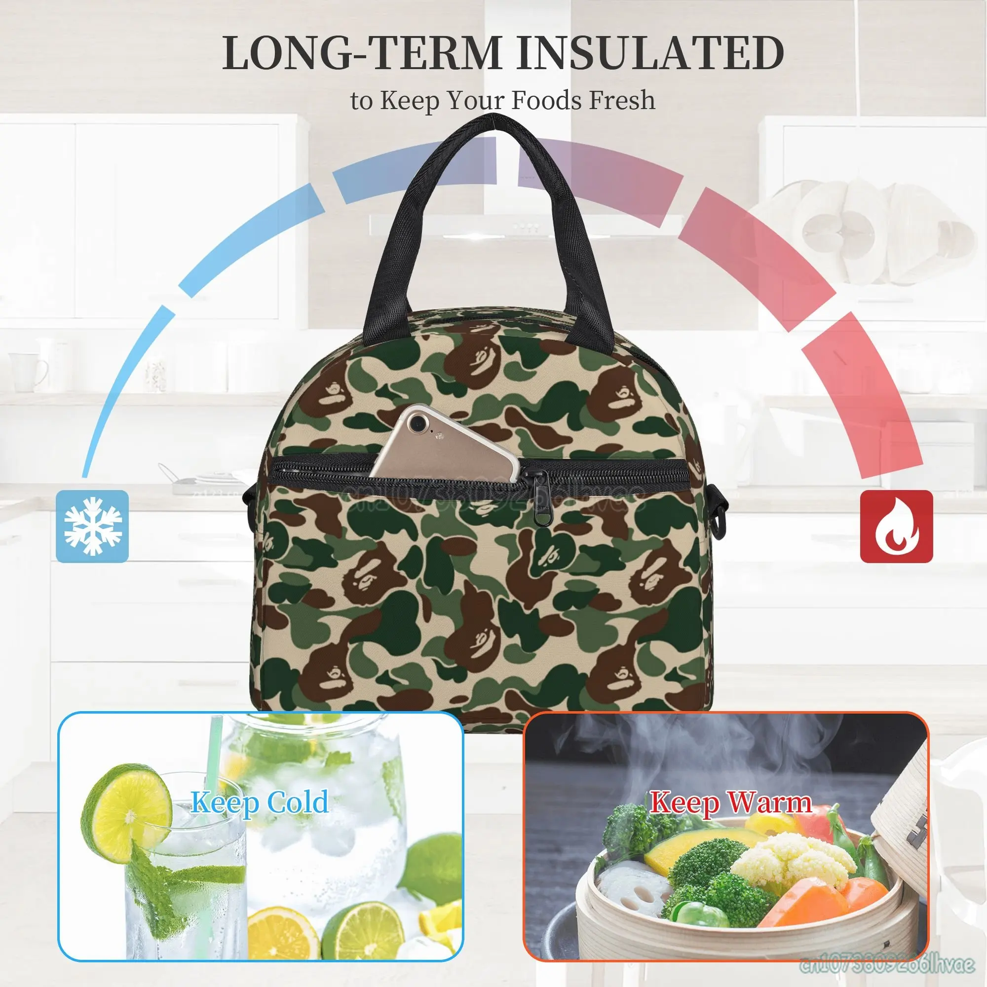 Camo Print Thermal Lunch Bag Men Women Warm Cooler Insulated Lunch Boxes Bento Tote for Adults Kids Office School Picnic Travel