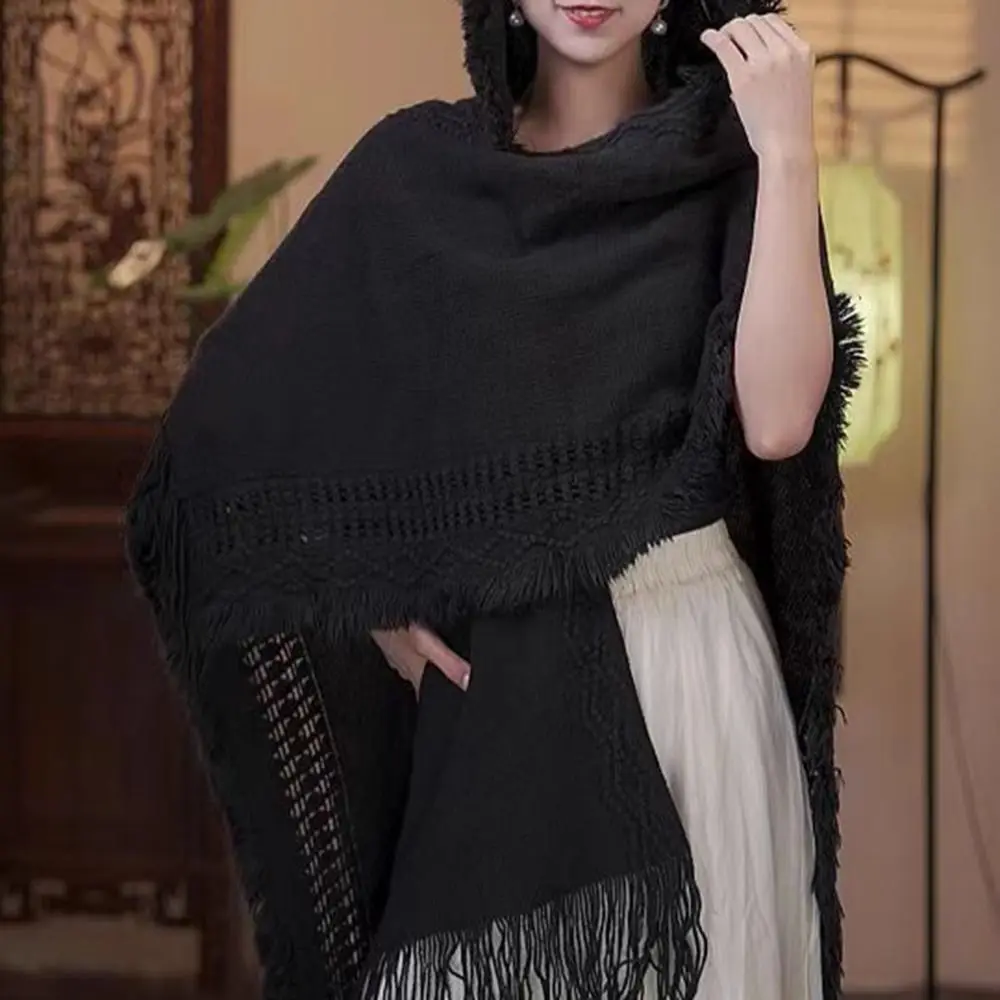 

Простая вязаная толстовка с кисточками, шаль, вязаный крючком верх, женский плащ, большие шарфы, однотонные вечерние накидки для путешествий