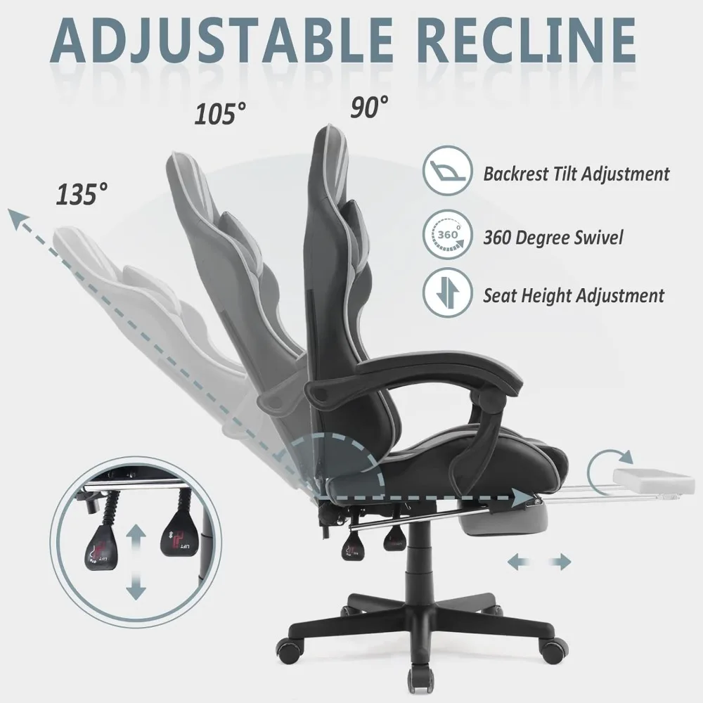 Grey Gaming Chairs with Footrest,PC Gaming Chair,Ergonomic Office Chair with Adjustable Headrest and Lumbar Support(Grey)