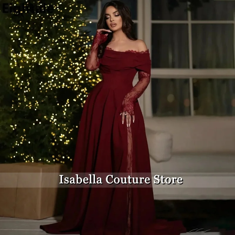 

Burgundy Evening Dress Customized Off Shoulder Lace Long Sleeves A Line Prom Gown Thigh Slit Floor Length Elegant Party Dress