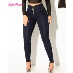 Pantalones vaqueros de Color azul oscuro con cremallera para mujer, vaqueros de cintura alta, elásticos y ajustados, Estilo Vintage, 2024