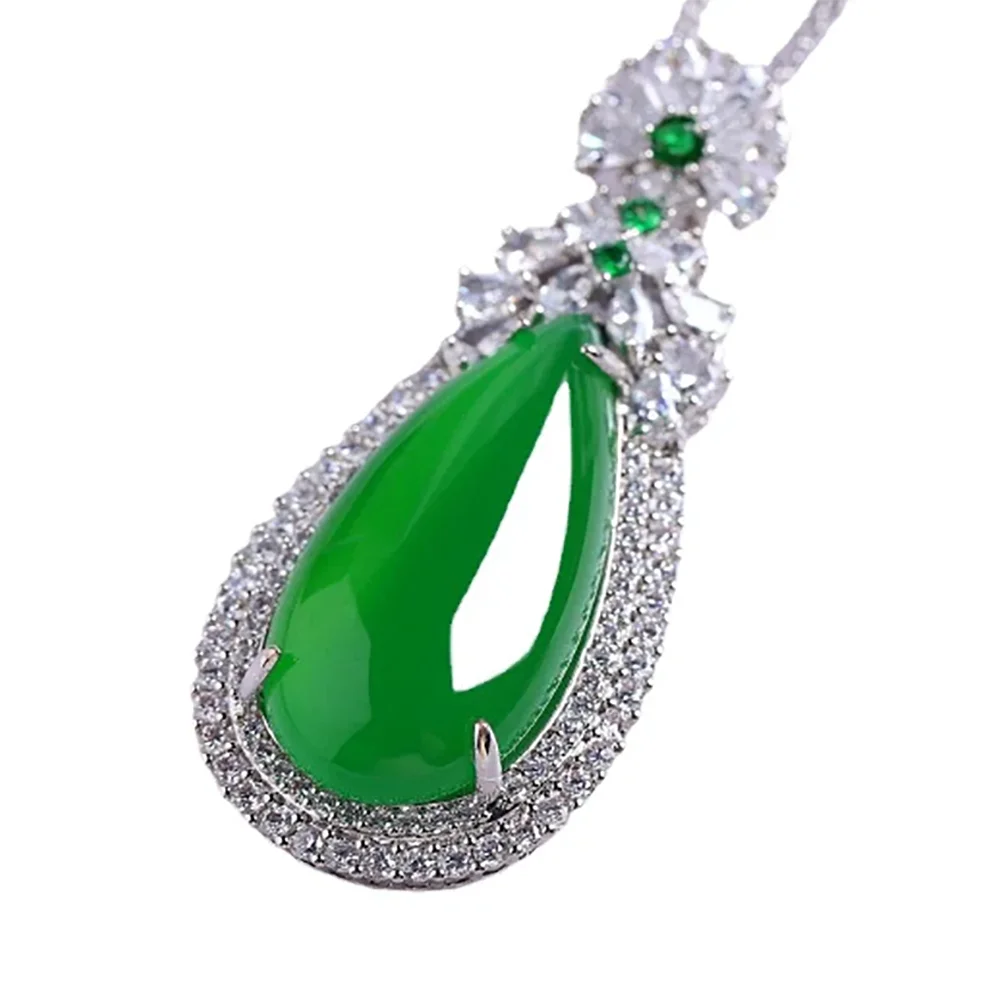 

Natural Imperial Green Chalcedony Large Drop Women's Full Diamond Inlaid Pendant