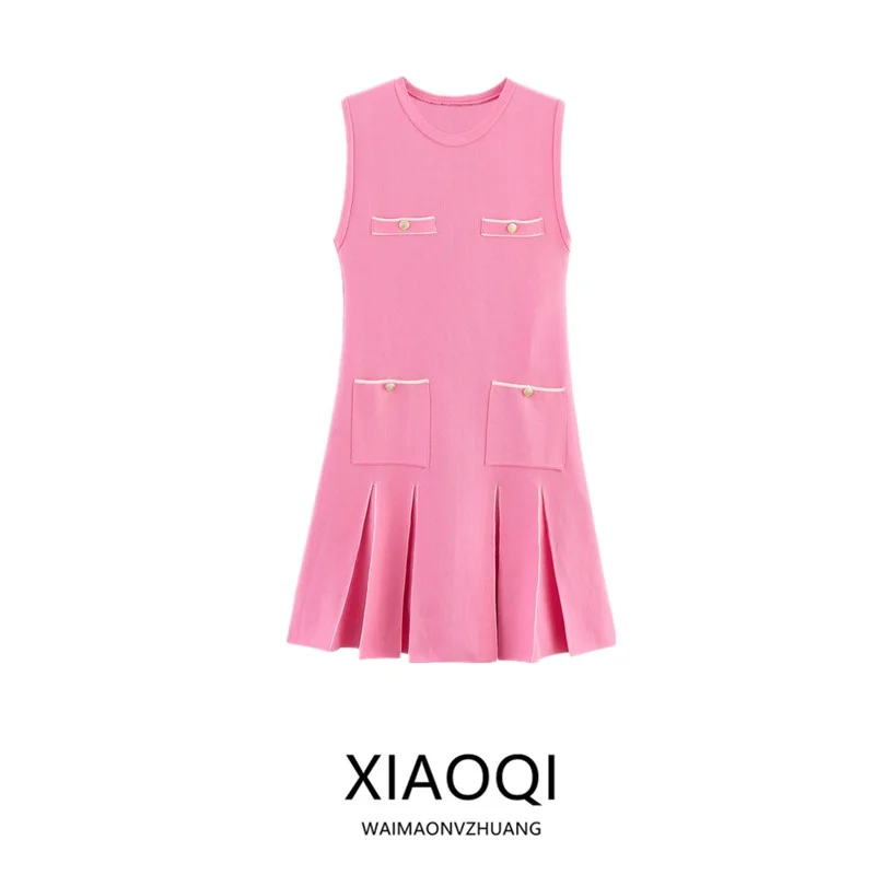 2025年夏新作 レディースファッション ワイドプリーツニット ノースリーブ ラウンドネックワンピース 多用途 通勤用 シングルピース その他素材 00%