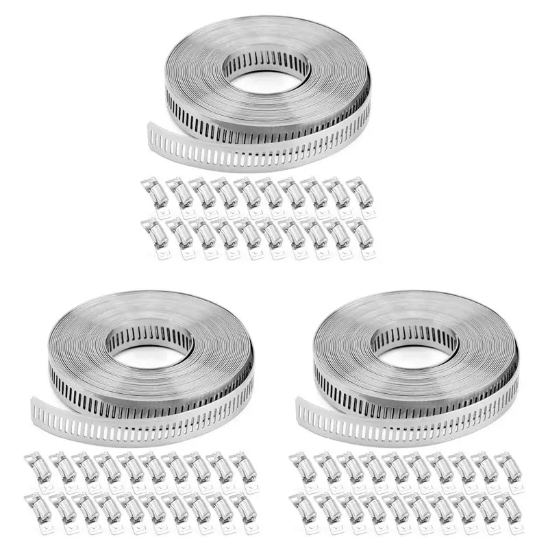 

3 Set Hose Clamps 20FT Metal Strap+ 60 Fasteners DIY Cut-To-Fit Stainless Steel Band Clamps Adjustable Large Worm-AT64