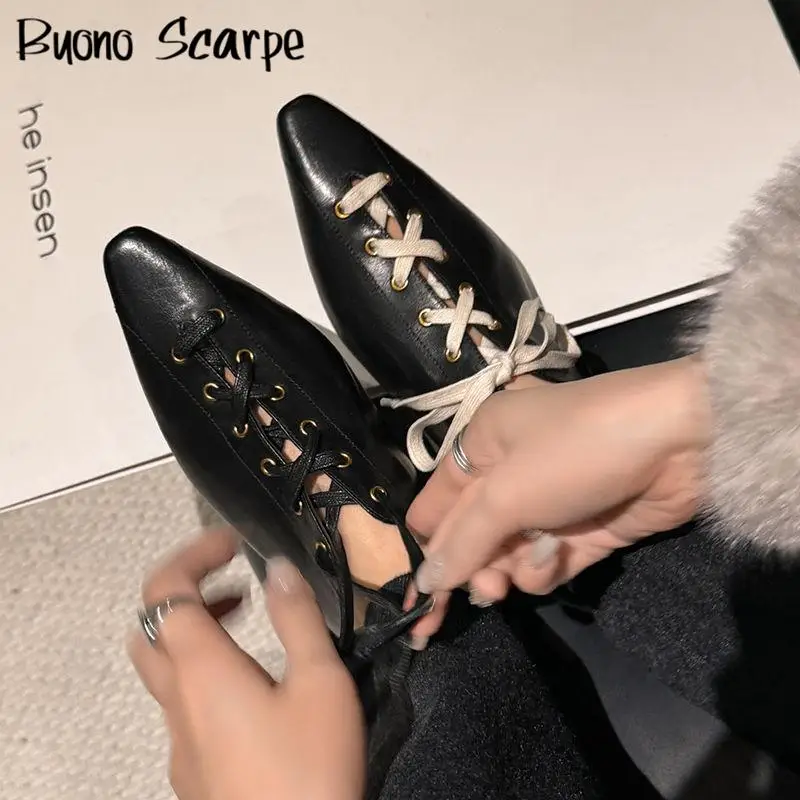 Genuine Leather Pointed Toe Cross Tie Women Pumps Solid Color Low Heels Lace Up Shallow New Fashion Western Casual Classic Shoes