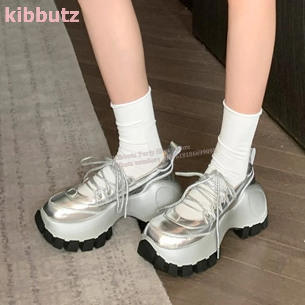 Lace-Up Ballet Pump Sneakers Round Toe Height Increasing Solid Color Patent Leather Fashion Elegant Sexy Party Women Shoes New