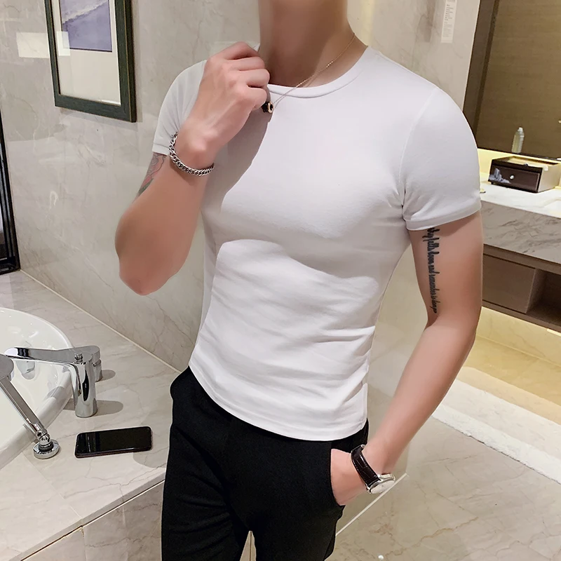 7 Colors Summer Slim Fit Round Neck Short Sleeves T-shirt Korean Men Casual Solid Color Cotton Tee Shirt Top Plus Size 4XL-M