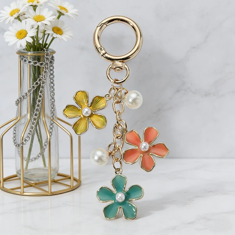 1pc Nette Bunte Perle Blume Emaille Schlüsselbund Klassische Schöne Pflanze Natürliche Schlüssel Ring Für Frauen Männer Handgemachte Gute Geschenk schmuck