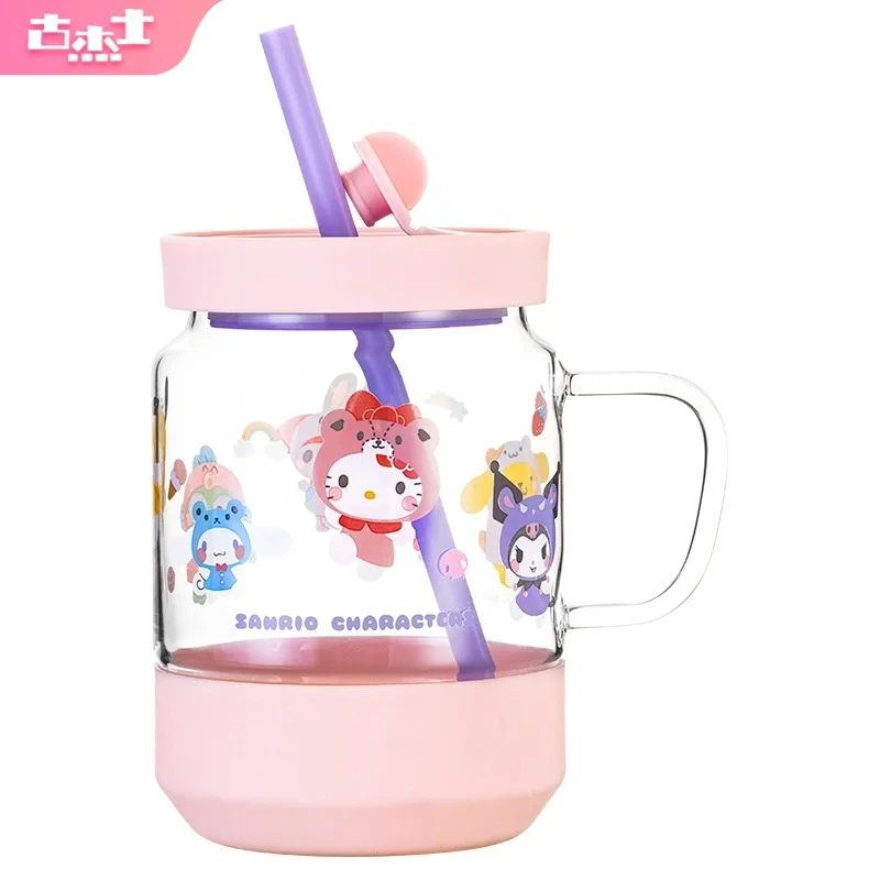 

For Sanrio 750ML Straw Glass Cup High Temperature Resistance Cartoon Water Cups with Cover Home Cold Drink Juice Milk Mug Gift