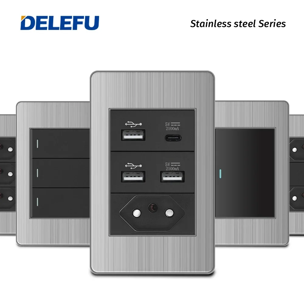 DELEFU Stainless Steel Panel Brazil Standard Outlet Double USB Type C Wall Power Socket Light Switch Office 4*2mm Black 10A 20A