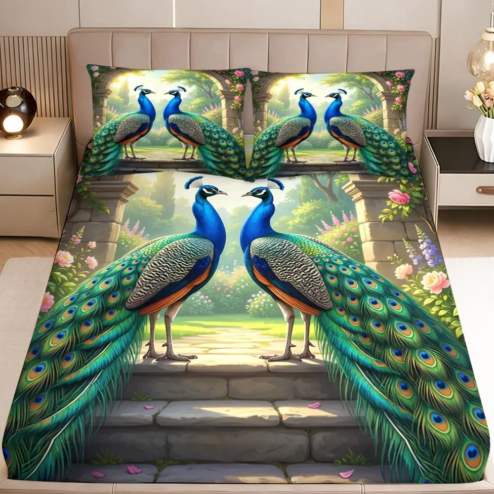 2D digital print three-piece bedding set (includes 1 fitted sheet + 2 pillowcases) mattress protector, fitted elastic style protective cover, mattress protector, fitted bedding set, garden peacock print fitted sheet set