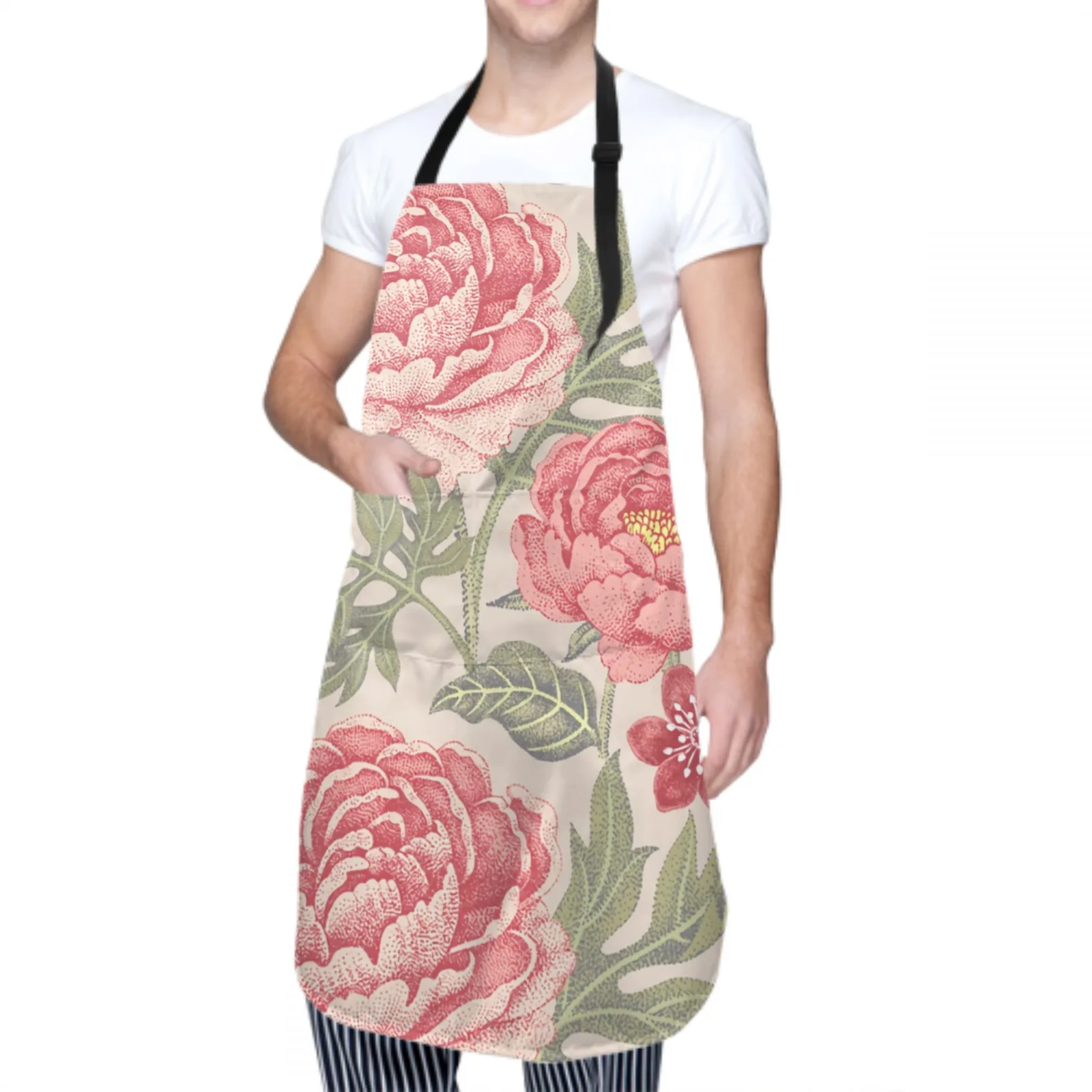 Flowers Waterproof Apron with 2 Pockets Kitchen Chef Apron Small Rose Apron for Hair Brushing Cooking Baking Painting Gardening