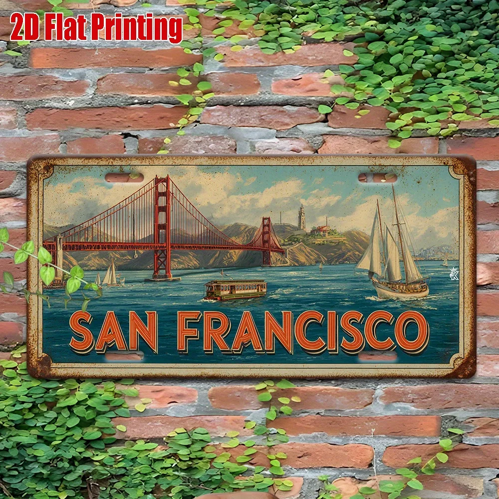 2D Flat, 2D Flat Printing, 1pc, Retro Metal Sign, Outdoor Wall Art, SAN FRANCISCO Sign, Retro Decor, Bridge, Bay, Garden, Arbor,