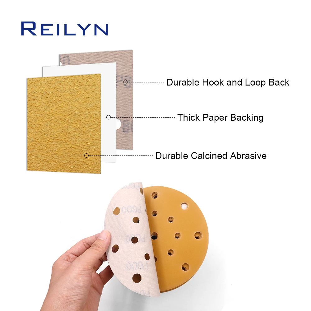 10pcs 6inch 17 holes Yellow Sand Paper 150mm Flocking Sand paper tray Polishing Pad Self-adhesive Loop Backing Polishing Disc