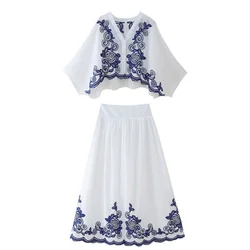 PB&ZA2024 Summer New Product Women's Wear European and American Style Contrast Embroidered Shirt Half Skirt Set