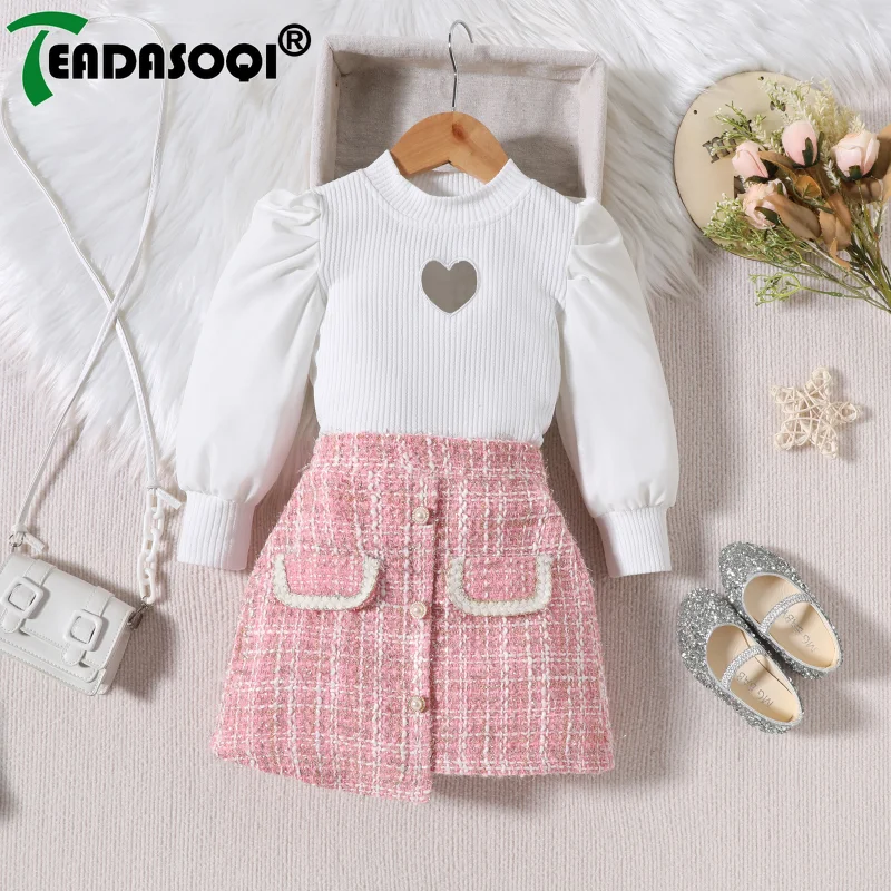 

2-6Y Kids Girls Clothes 2Pcs Suit Spring Fall Outfits Heart Cutout Long Sleeve Tops With Button Plaid irregular Skirts Child Set