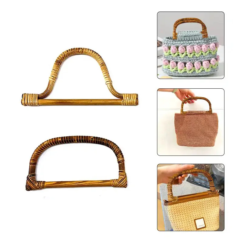 Asas de bambú en forma de D con ratán para bolso, colgador de tipo Retro, Asa artesanal, accesorios para bolsos de mano, 2 piezas