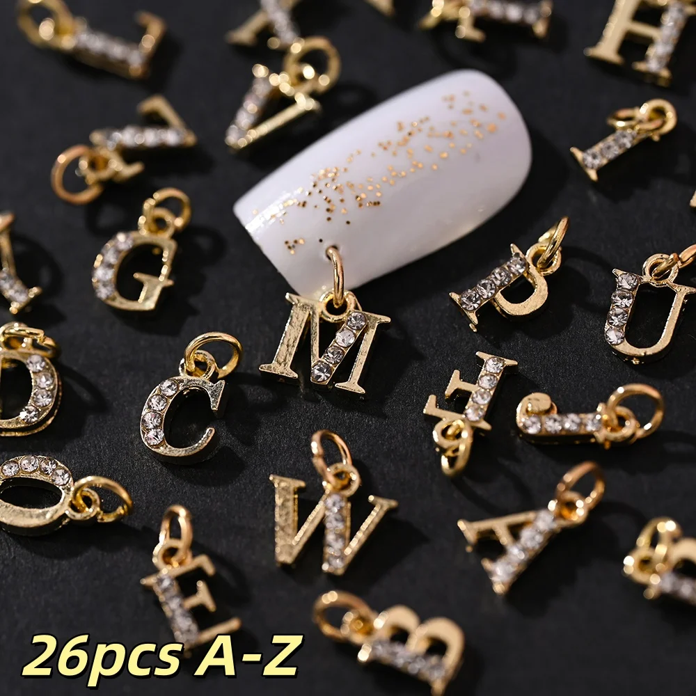 26/100pcs A-Z English Alphabet Pendant Nail Charms Alloy Luxury Rhinestones Charms DIY Jewelry - Bracelets, Keychains, Necklaces