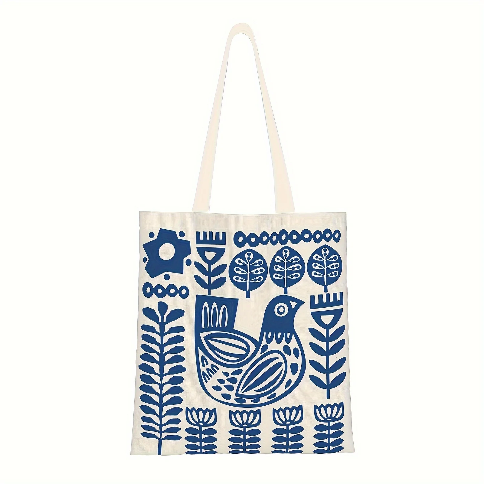 1pc Nordic Style Blue and White Bird Flower Print Tote Bag,Reusable Shopping Bag,Suitable for Daily Use,Shopping,School,Travel