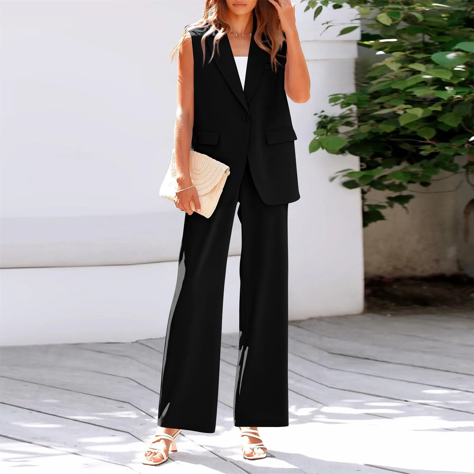 Elegant Women\'S 2 Piece Outfits Sleeveless Suit Vest And Wide Leg Pants Business Casual Sets Suit Trousers For Women 2024