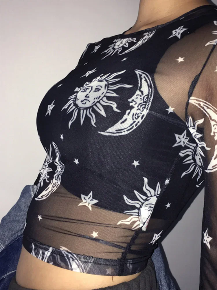 2020 المرأة مثير Harajuku شبكة بلايز كم طويل انظر من خلال تي شيرت شفاف الشمس القمر ستار تي شيرت مطبوع Femininas كلوبوير