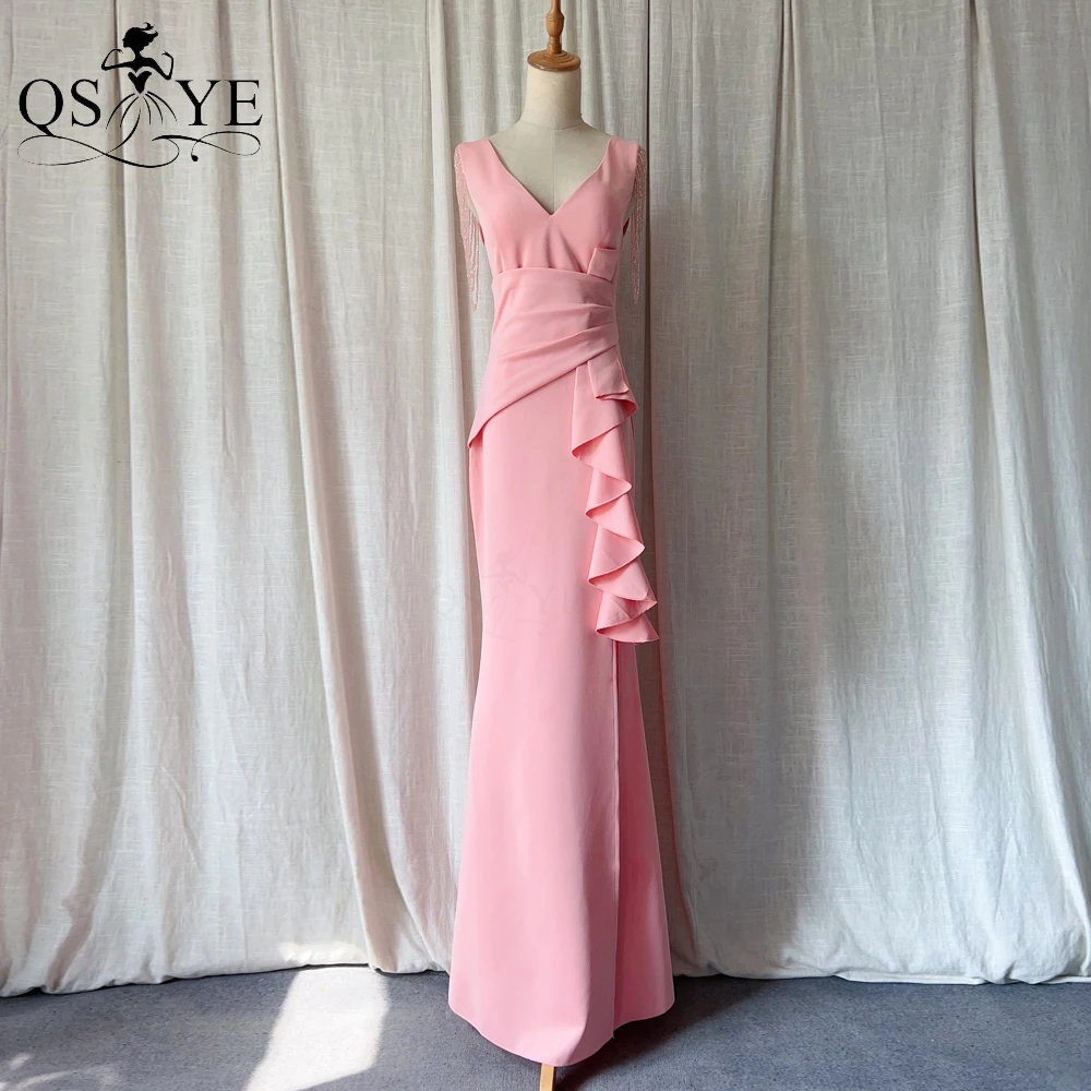 Pink Long Prom Dress Stretch Ruffles Blush Evening Dress V Neck Formal Party Gown Split Dress Beading Ruched Women Prom Gown