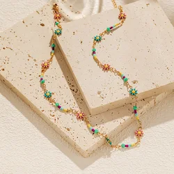 PAPERPLUS | Small Daisy Necklace for Women Boho Stainless Steel Girl Colorful Beads Holiday Fair Choker French Neck Jewelry