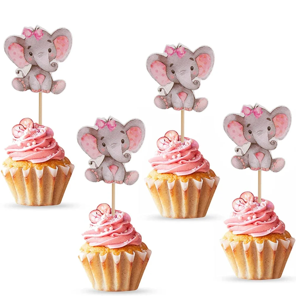 12Pcs Elephant Cupcake Toppers for It's A Girl Cake Toppers Baby Shower Decorations Baby Girl Boy Birthday Theme Party Supplies