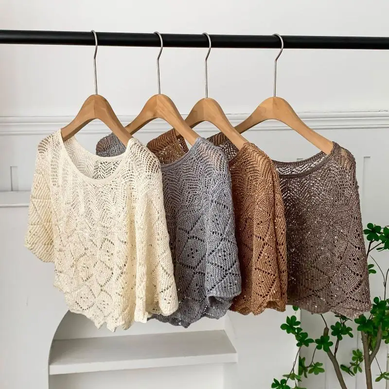 ผ้าคลุมไหลไหมน้ำแข็งถักสำหรับผู้หญิง ผ้าพันไหล่ฤดูร้อน น้ำหนักเบา ดีไซน์ฉลุลาย ประดับเลื่อม แฟชั่นทันสมัย คลุมไหล่และศีรษะ