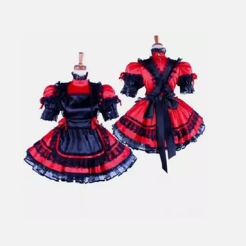 

French Sissy girl maid Red Satin lockable dress Cosplay Costume Tailor-made