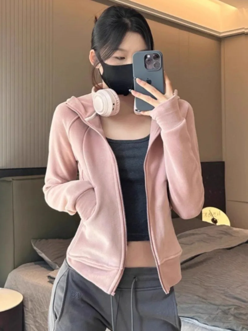 Hoodies Women Zipper Chic Solid Korean Fashion Outwear Autumn Winter All-match Long Sleeve Daily Casual Trendy Harajuku Simple