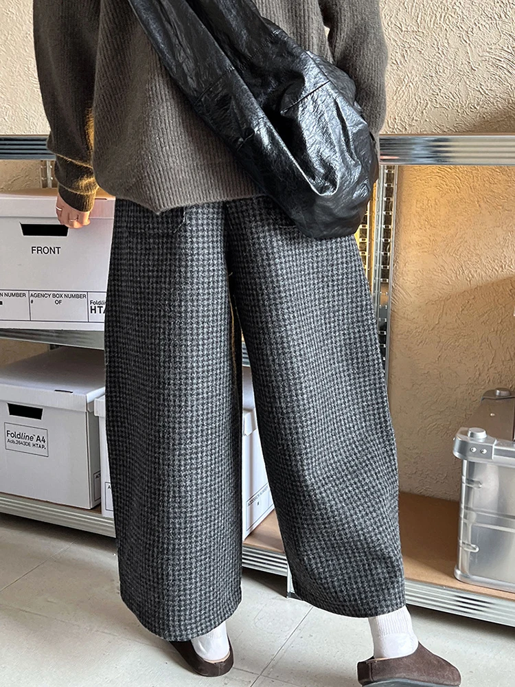 [EAM] High Waist Gray Plaid Thick Pocket Long Elegant Woolen Pants New Trousers Women Fashion Tide Autumn Winter 2025 1DH8136