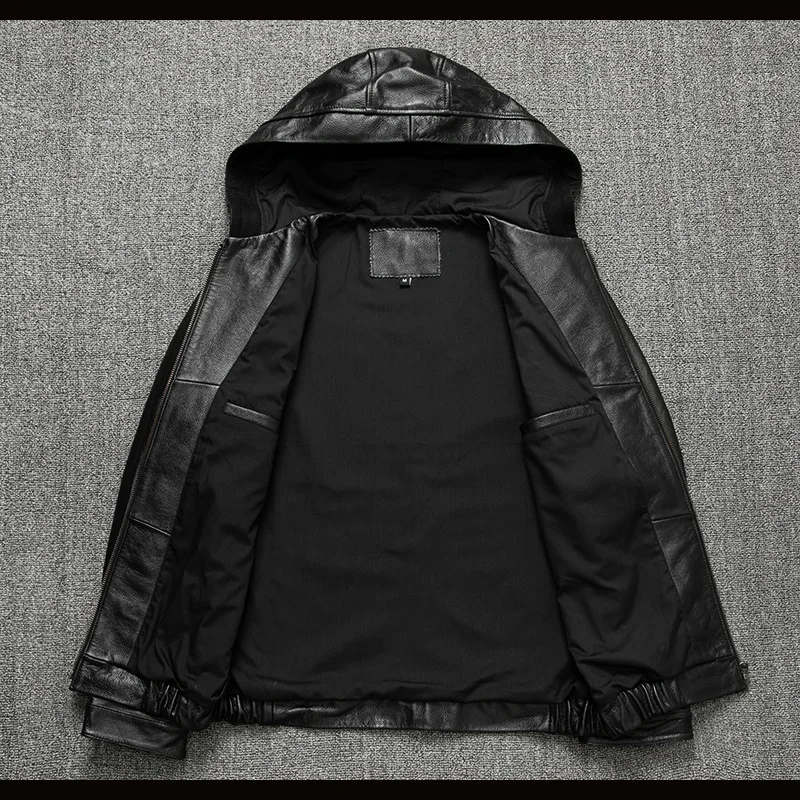 genuine Free shipping.Dropship.sales men leather hoody.Plus size black cowhide coat.quality outdoor fashion leather jacket.