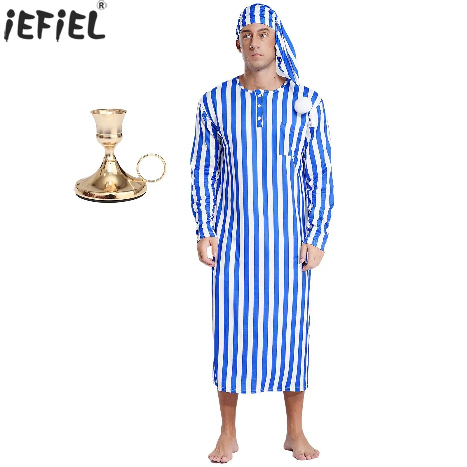 

Мужское полосатое платье для сна с шляпой и подсвечником, пижамный халат, остроконечная шляпа и металлический конический подсвечник для рождественской вечеринки