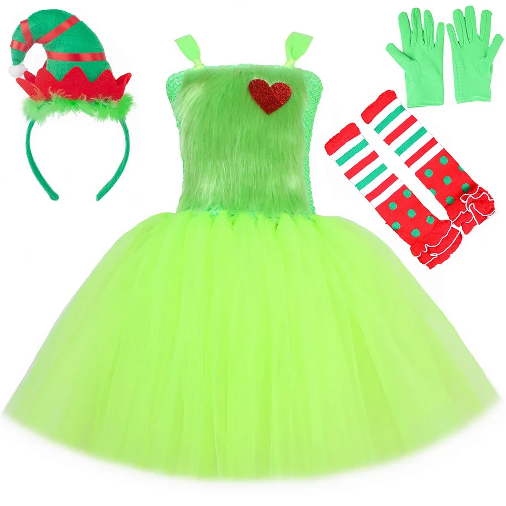 Christmas Santa Claus Grinch Costume for Kids Green Furry Monster Cosplay Tutu Dress Baby Girl Holiday Xmas Party Clothes Outfit