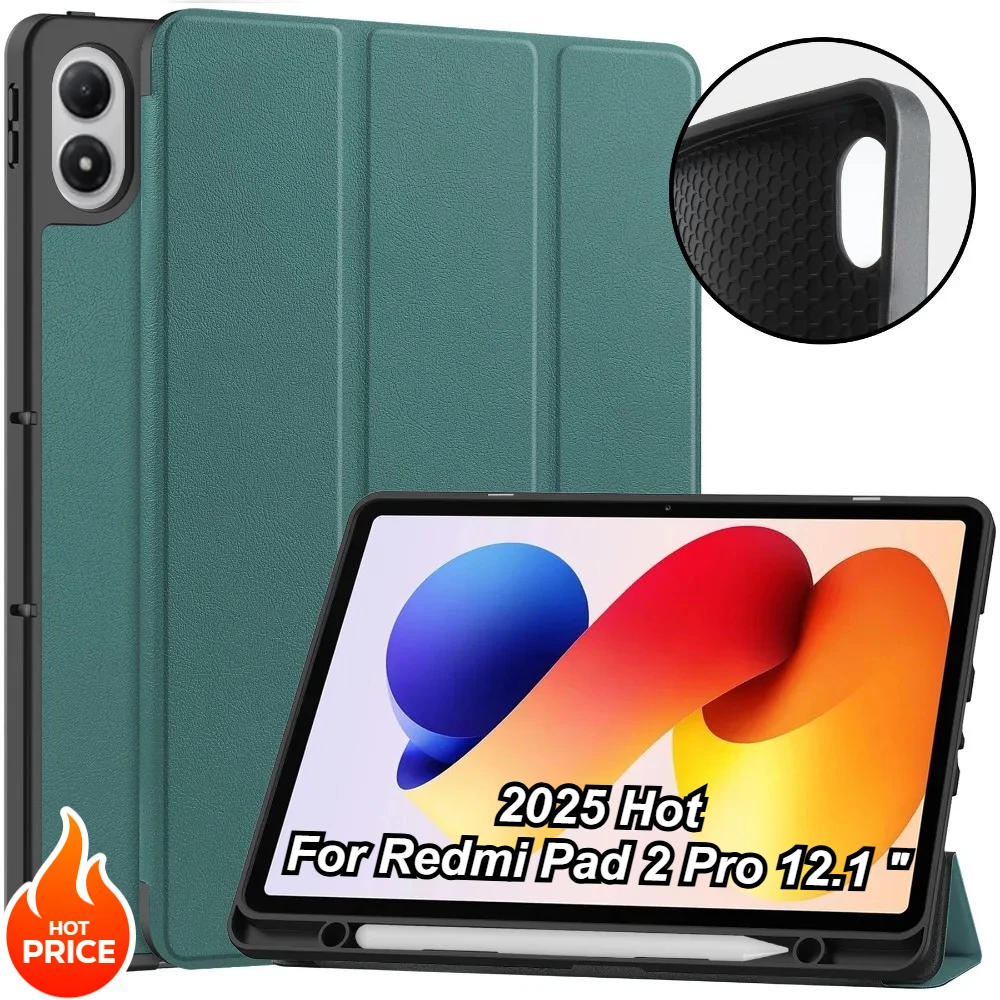 

2025 NEW TPU Back with Pencil Holder Case for Xiaomi Redmi Pad 2 Pro 12.1 Inch PU Folding Stand Auto Sleep/Wake Shockproof Cover