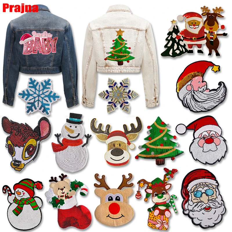 

Large Santa Claus/Tree Sequins Embroidered Patches DIY Santa Snowman Deer Sock Patch Iron On Patches For Clothing Sew Decorate