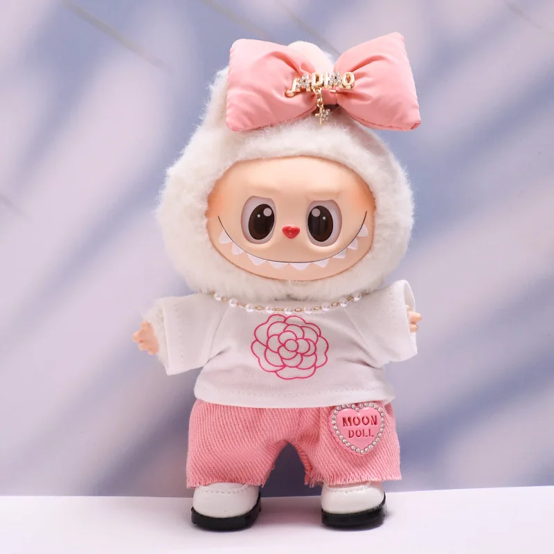 

Labubu 1st-3rd Gen 15/17cm Doll Sweet Girly Outfit Set Camellia Top Pink Pants & Bow Headpiece