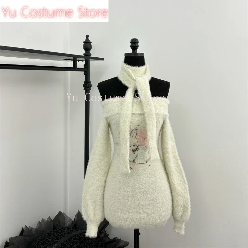 Yu Winter Knit Dolce ed elegante abito da compleanno per donna Slash Neck Y2k Kawaii Abito maglione retrò Stampa femminile Abbigliamento caldo chic
