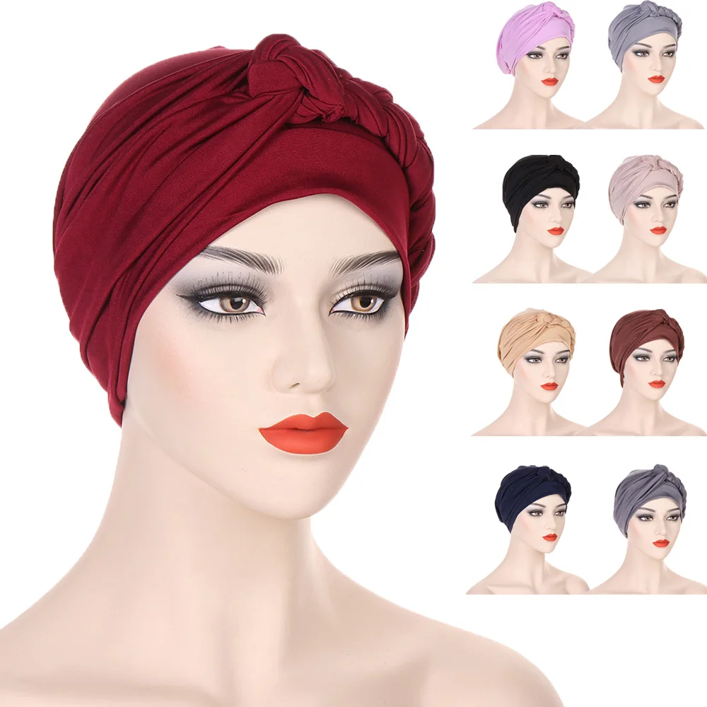 

Indian Women Muslim Braids Hijab Chemo Caps Bonnet Islamic Arab Cancer Turban Hair Loss Hats Beanies Solid Femme Headwrap Scarf