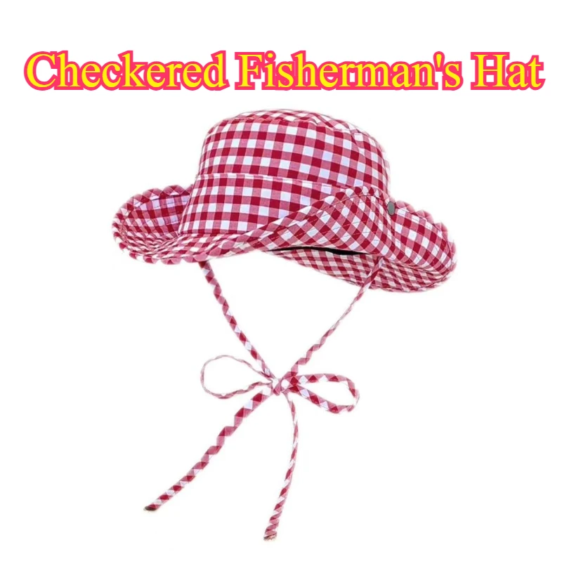 Vintage Plaids Bucket Hats für Damen, vielseitiger, süßer Fischerhut mit Schnürung, Sommer-Sonnenhut mit großer Krempe, Sonnenschutz, UV-Schutz