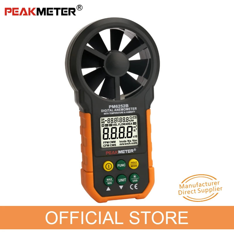 PEAKMETER PM6252B anemometr cyfrowy precyzyjny ręczny wiatromierz miernik prędkości wiatru prędkość wiatru, temperatura i wilgotność