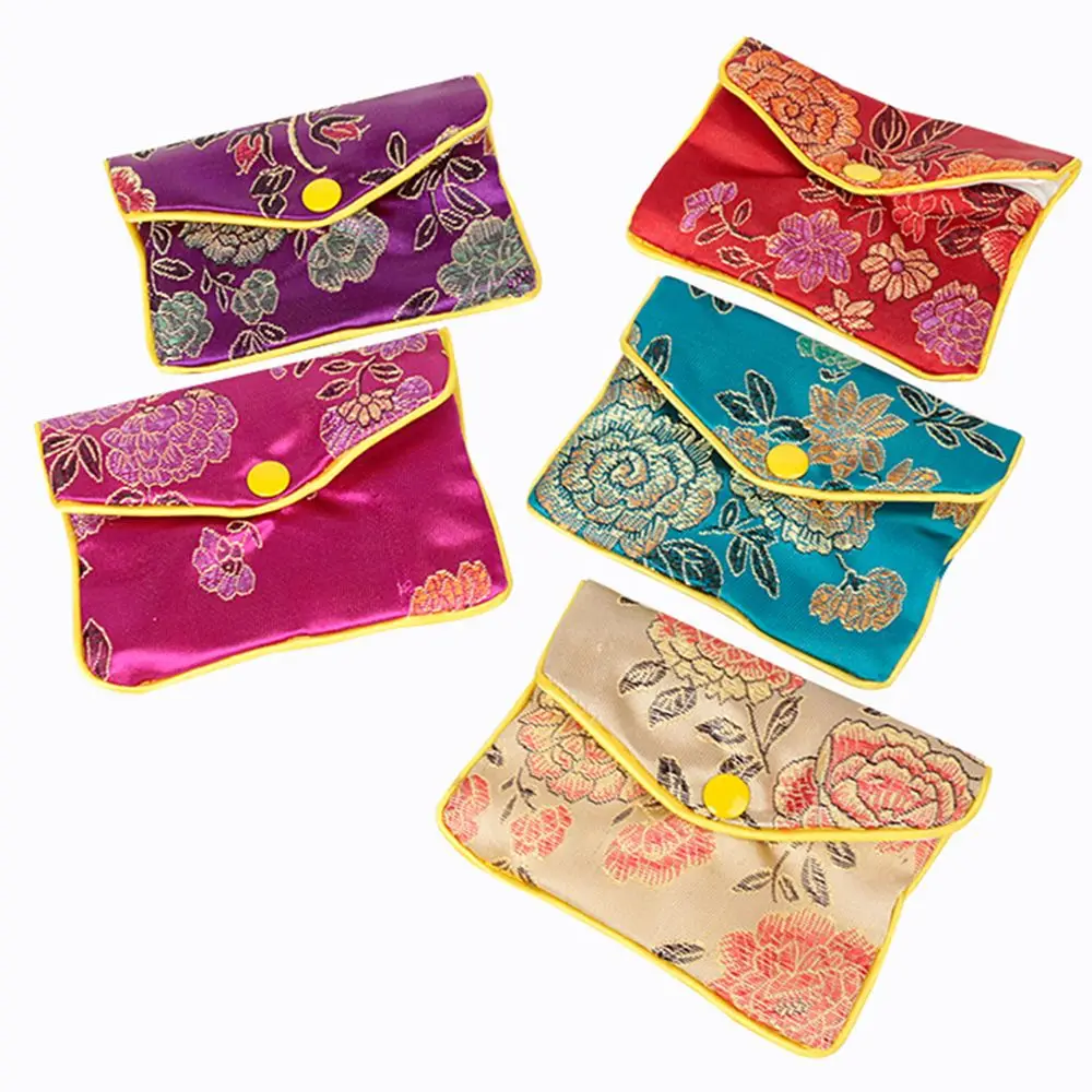 Beads Bracelace Silk Embroidery Brocade Handmade Chinese Floral Zipper Snap Wallet Handbags Jewelery Storage Jewelery Bag