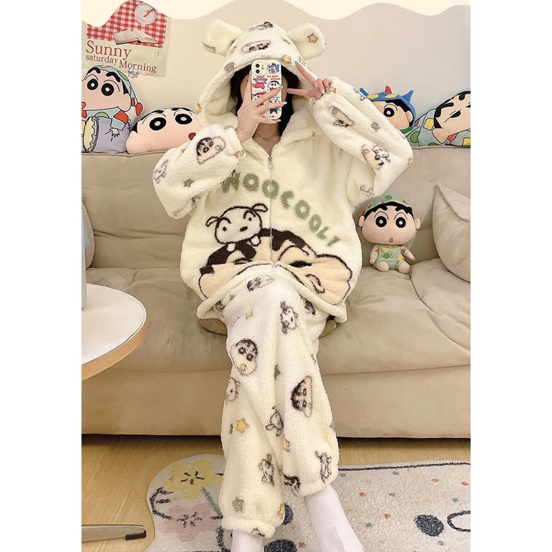 Crayon Shin-chan Women\'s Pajamas Set Autumn Winter Solid Warm 2PCS Thicken Velvet Pullover and Pants Women Casual Pajama Sets